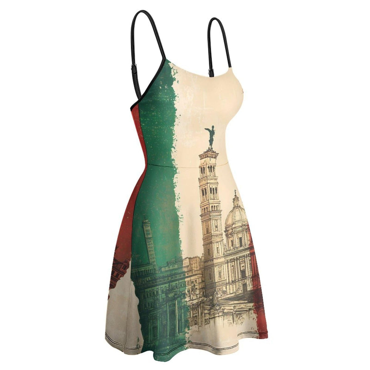 d'été décontractée pour femme, imprimée, avec bretelles et motif drapeau italien et bâtiments.