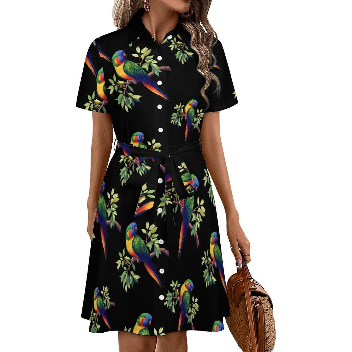 chemise décontractée à boutons pour femme, motif perroquet mignon, manches courtes et col, avec ceinture