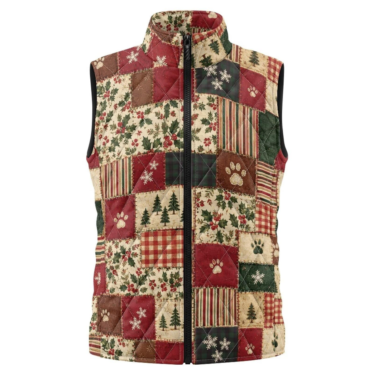 Gilet matelassé sans manches zippé pour femme, idéal pour Noël. Veste légère et chaude avec poches et col montant.
